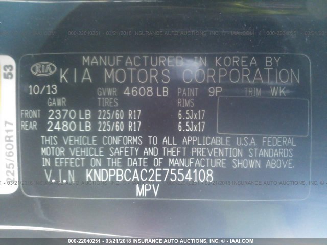 KNDPBCAC2E7554108 - 2014 KIA SPORTAGE LX BLACK photo 9