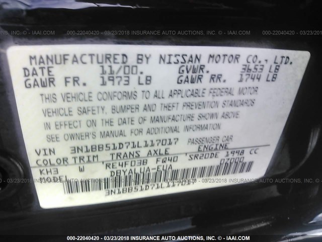 3N1BB51D71L117017 - 2001 NISSAN SENTRA SE BLACK photo 9