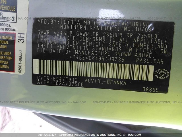 4T4BE46K49R109739 - 2009 TOYOTA CAMRY SE/LE/XLE BLUE photo 9