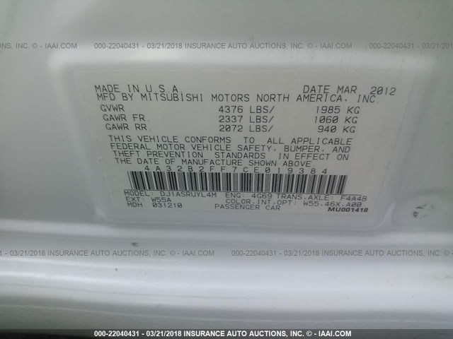 4A32B2FF7CE019384 - 2012 MITSUBISHI GALANT FE WHITE photo 9