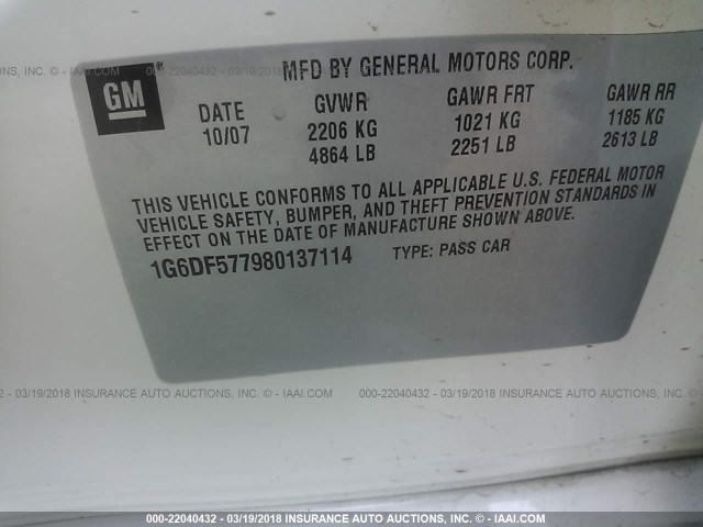 1G6DF577980137114 - 2008 CADILLAC CTS WHITE photo 9