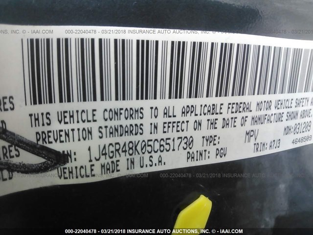 1J4GR48K05C651730 - 2005 JEEP GRAND CHEROKEE LAREDO/COLUMBIA/FREEDOM 绿色 照片 9