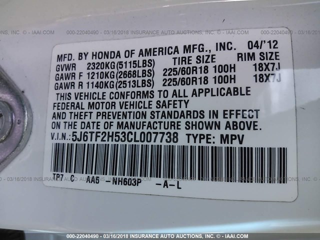 5J6TF2H53CL007738 - 2012 HONDA CROSSTOUR EXL თეთრი ფოტო 9