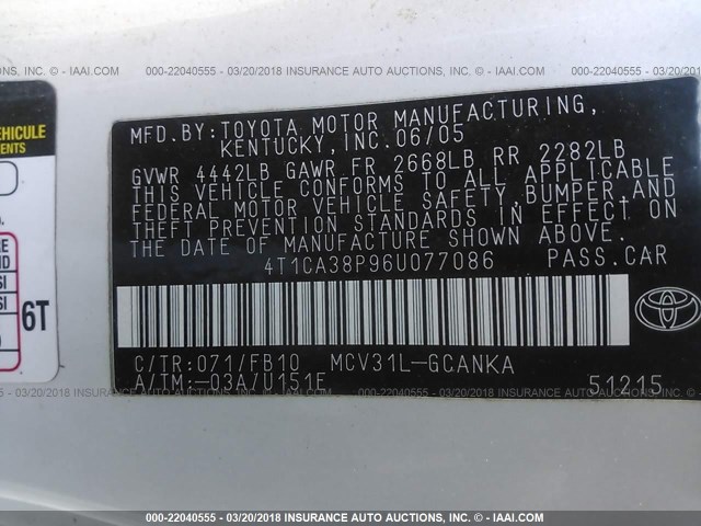 4T1CA38P96U077086 - 2006 TOYOTA CAMRY SOLARA SE/SLE 白色 照片 9