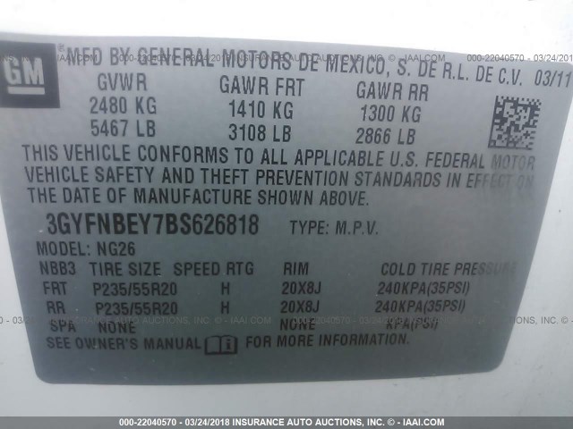 3GYFNBEY7BS626818 - 2011 CADILLAC SRX PERFORMANCE COLLECTION Ақ фото 9