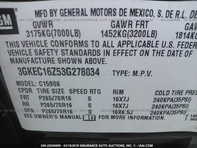 3GKEC16Z53G278034 - 2003 GMC YUKON XL C1500 BLACK photo 9