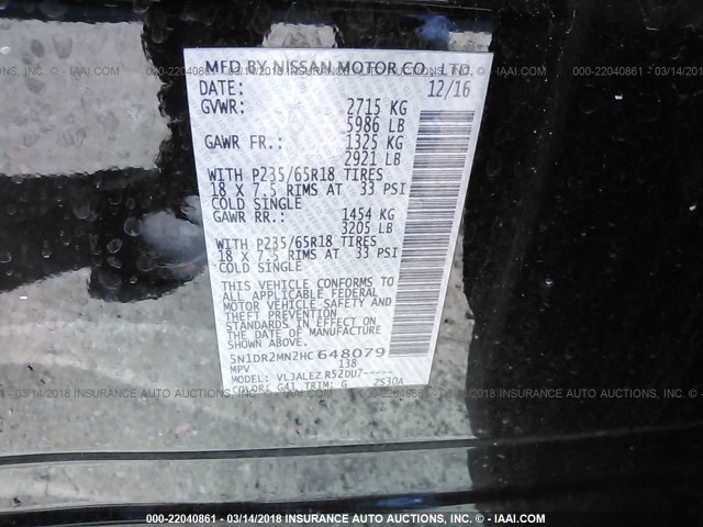 5N1DR2MN2HC648079 - 2017 NISSAN PATHFINDER S/SV/SL/PLATINUM 黑色 照片 9
