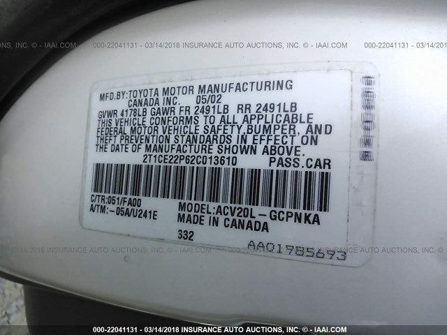 2T1CE22P62C013610 - 2002 TOYOTA CAMRY SOLARA SE WHITE photo 9