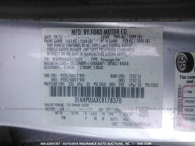 3FAHP0JAXCR178370 - 2012 FORD FUSION SEL SILVER photo 9