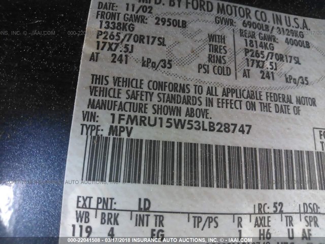 1FMRU15W53LB28747 - 2003 FORD EXPEDITION XLT ლურჯი ფოტო 9