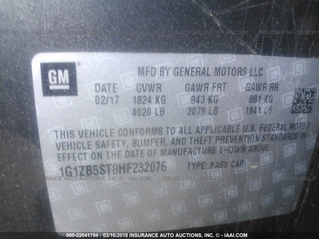 1G1ZB5ST8HF232076 - 2017 CHEVROLET MALIBU LS 灰色 照片 9