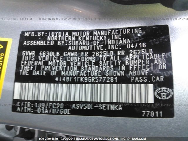 4T4BF1FK9GR577281 - 2016 TOYOTA CAMRY LE/XLE/SE/XSE GRAY photo 9