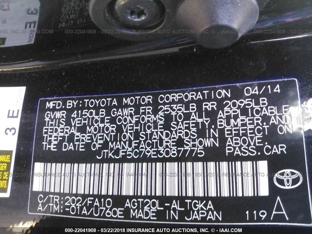 JTKJF5C79E3087775 - 2014 TOYOTA SCION TC BLACK photo 9