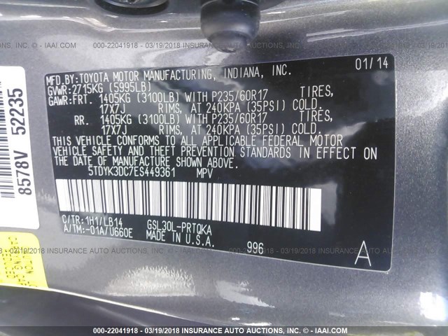 5TDYK3DC7ES449361 - 2014 TOYOTA SIENNA XLE/LIMITED GRAY photo 9