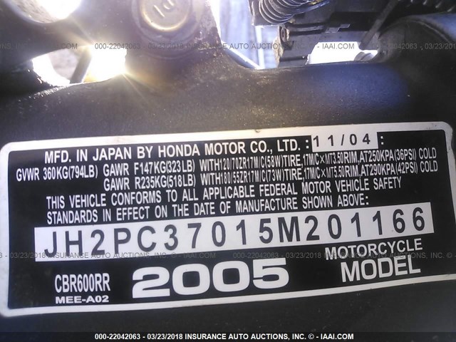 JH2PC37015M201166 - 2005 HONDA CBR600 RR BLACK photo 10