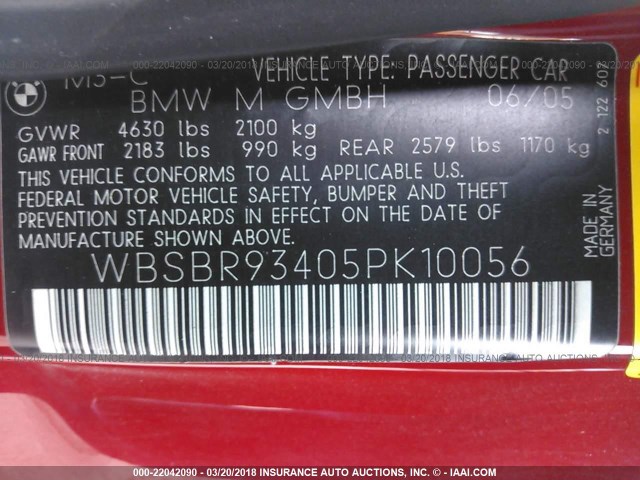 WBSBR93405PK10056 - 2005 BMW M3 RED photo 9