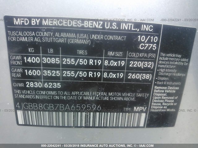 4JGBB8GB7BA659596 - 2011 MERCEDES-BENZ ML 350 4MATIC SILVER photo 9