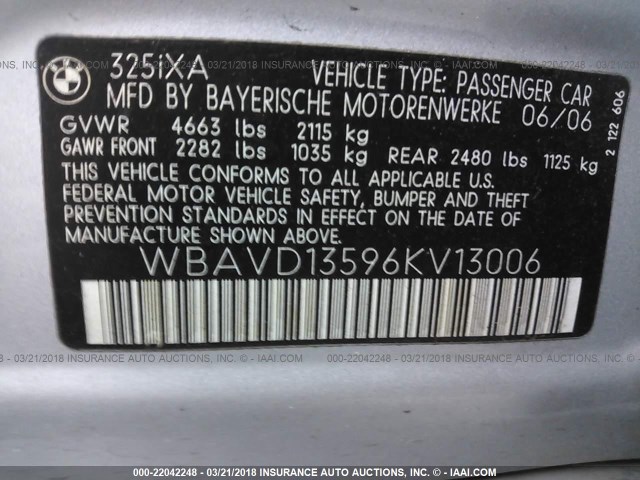 WBAVD13596KV13006 - 2006 BMW 325 XI SILVER photo 9