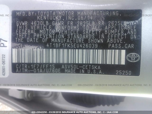 4T1BF1FK5EU426039 - 2014 TOYOTA CAMRY L/SE/LE/XLE 银色 照片 9