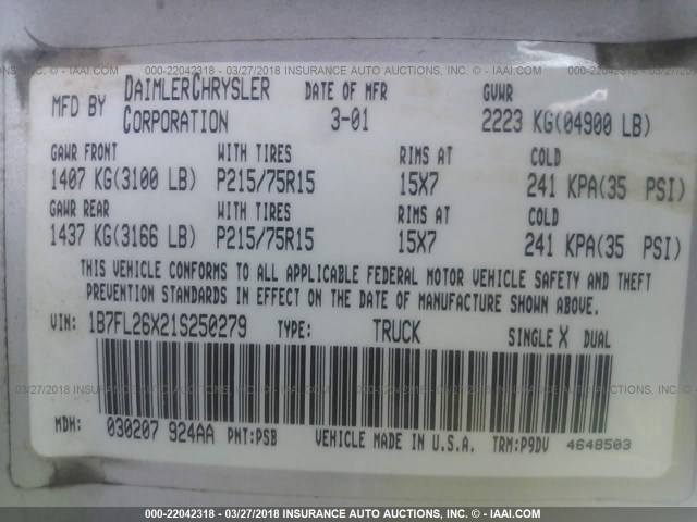 1B7FL26X21S250279 - 2001 DODGE DAKOTA SILVER photo 9