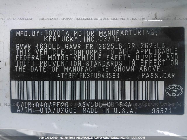 4T1BF1FK3FU943583 - 2015 TOYOTA CAMRY LE/XLE/SE/XSE თეთრი ფოტო 9