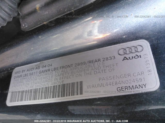 WAUML44E84N024591 - 2004 AUDI A8 L QUATTRO BLUE photo 9