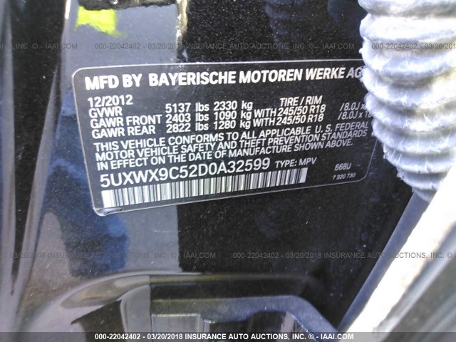 5UXWX9C52D0A32599 - 2013 BMW X3 XDRIVE28I BLACK photo 9