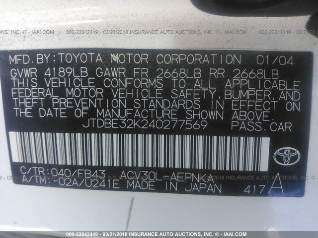 JTDBE32K240277569 - 2004 TOYOTA CAMRY LE/XLE WHITE photo 9