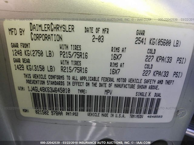 1J4GL48K63W645010 - 2003 JEEP LIBERTY SPORT/FREEDOM ვერცხლისფერი ფოტო 9