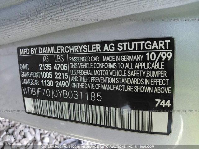 WDBJF70J0YB031185 - 2000 MERCEDES-BENZ E 430 SILVER photo 9