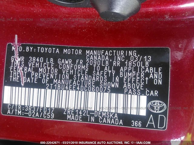 2T1BU4EE4DC060075 - 2013 TOYOTA COROLLA S/LE RED photo 9