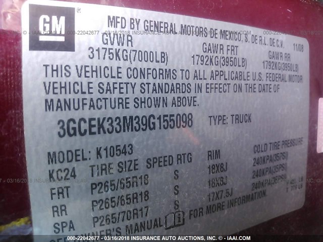 3GCEK33M39G155098 - 2009 CHEVROLET SILVERADO K1500 LTZ BURGUNDY photo 9