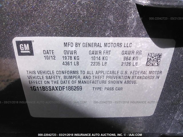 1G11B5SAXDF186269 - 2013 CHEVROLET MALIBU LS 灰色 照片 9