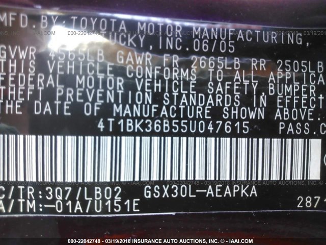 4T1BK36B55U047615 - 2005 TOYOTA AVALON XL/XLS/TOURING/LIMITED MAROON photo 9