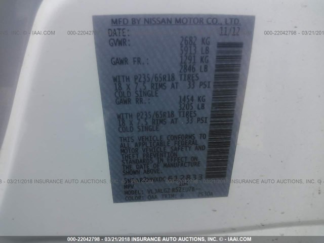 5N1AR2MNXDC612833 - 2013 NISSAN PATHFINDER S/SV/SL/PLATINUM 白色 照片 9