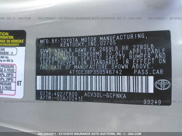 4T1CE38P35U546742 - 2005 TOYOTA CAMRY SOLARA SE/SLE კრემისფერი ფოტო 9