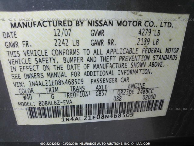 1N4AL21E08N468509 - 2008 NISSAN ALTIMA 2.5/2.5S GRAY photo 9