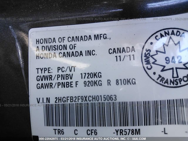 2HGFB2F9XCH015063 - 2012 HONDA CIVIC EXL Pewter photo 9