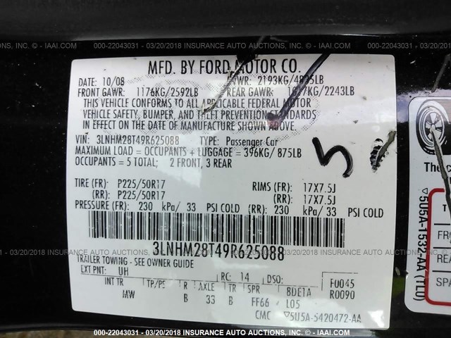 3LNHM28T49R625088 - 2009 LINCOLN MKZ BLACK photo 9