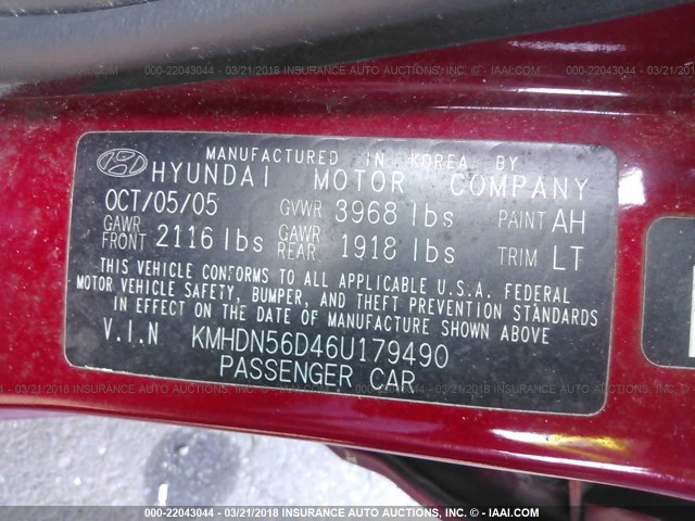 KMHDN56D46U179490 - 2006 HYUNDAI ELANTRA GLS/GT/LIMITED RED photo 9