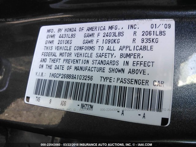 1HGCP26889A103256 - 2009 HONDA ACCORD EXL GRAY photo 9