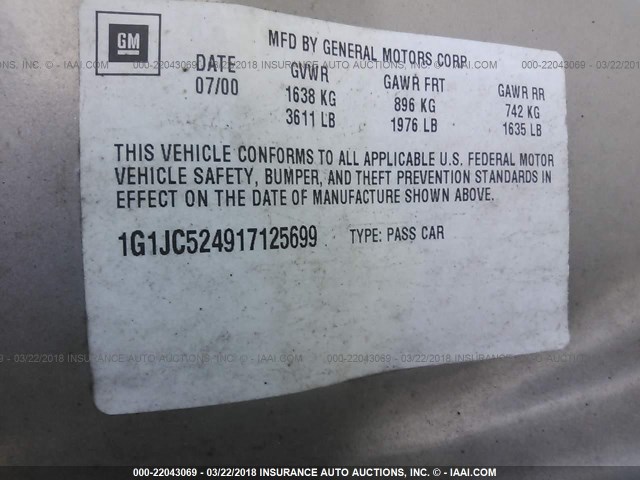 1G1JC524917125699 - 2001 CHEVROLET CAVALIER CNG GOLD photo 9