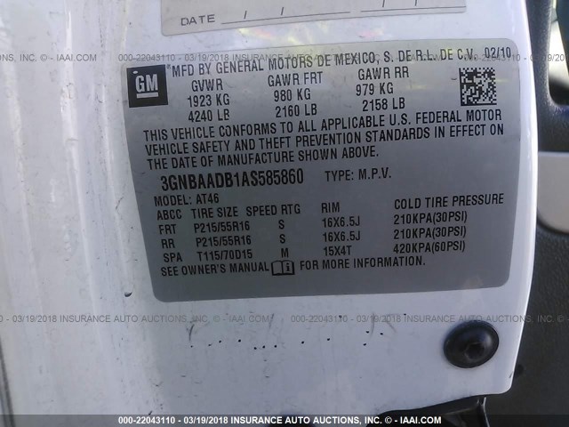 3GNBAADB1AS585860 - 2010 CHEVROLET HHR LS WHITE photo 9