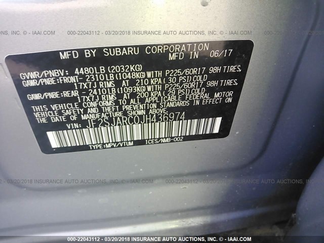 JF2SJARC0JH436974 - 2018 SUBARU FORESTER 2.5I LIMITED SILVER photo 9