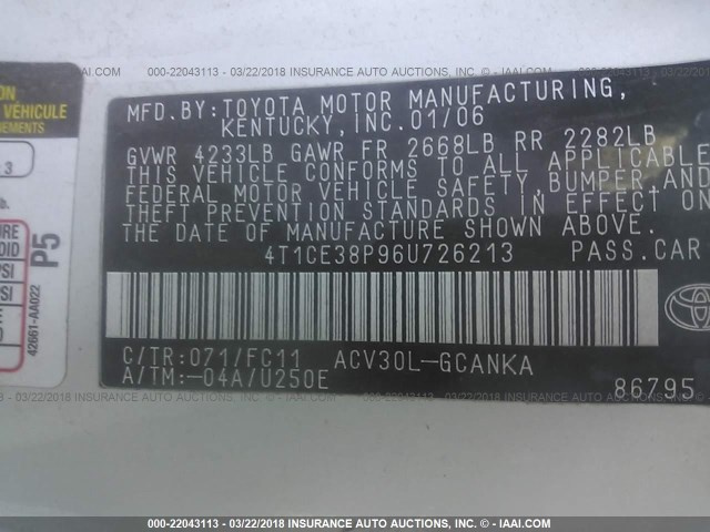 4T1CE38P96U726213 - 2006 TOYOTA CAMRY SOLARA SE/SLE WHITE photo 9