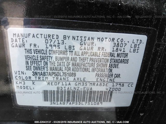 3N1AB7AP5DL751089 - 2013 NISSAN SENTRA S/SV/SR/SL BLACK photo 9