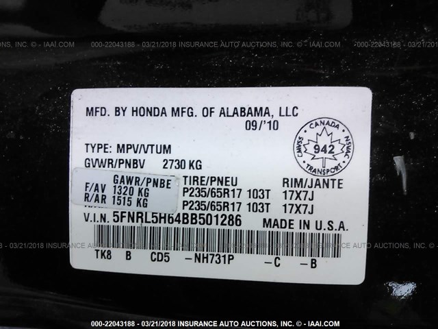 5FNRL5H64BB501286 - 2011 HONDA ODYSSEY EXL BLACK photo 9