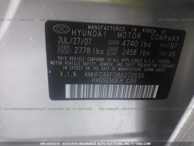 KMHFC46F08A272635 - 2008 HYUNDAI AZERA SE/LIMITED TAN photo 9