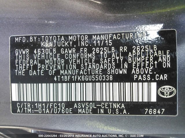 4T1BF1FK6GU550338 - 2016 TOYOTA CAMRY LE/XLE/SE/XSE 灰色 照片 9