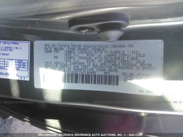 5TDZA22C74S186405 - 2004 TOYOTA SIENNA XLE/XLE LIMITED SILVER photo 9